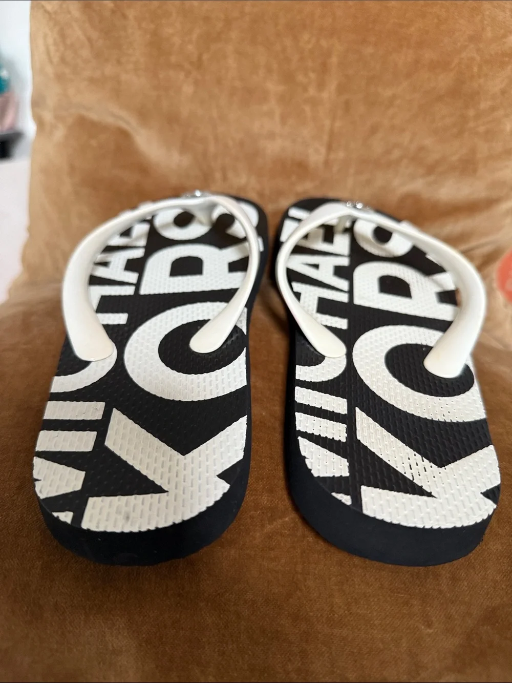 Michael Kors Black and White Logo Flip Flop Sandals with Silver MK Accent